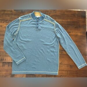 Ecoths Organic Cotton Men's Sweater Henley Fair Trade Certified XL Blue Tan